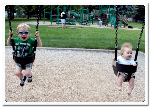 Ian loves to do things with his brother, even if it means using the baby swings